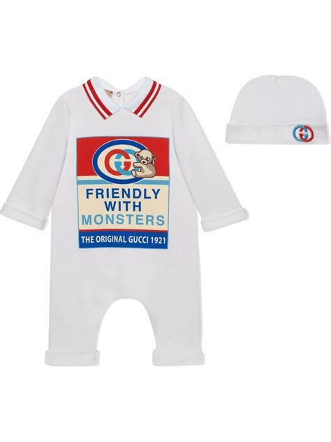 friendly with monsters gucci|Gucci Friendly with Monsters Logo Cotton Romper, Hat & Bib Set .